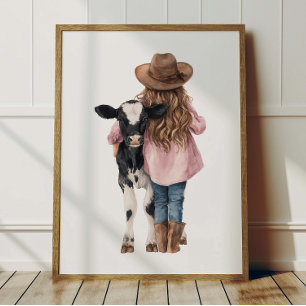 Cowgirl en Koe Poster Kinderen Westerse Kamerdecor