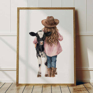 Cowgirl en Koe Poster Kinderen Westerse Kamerdecor