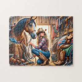 Cowgirl en paard in stal op ranch legpuzzel