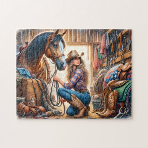 Cowgirl en paard in stal op ranch legpuzzel