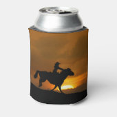 Cowgirl en paard Riding in Sunset Blikjeskoeler (Blikje Achterkant)