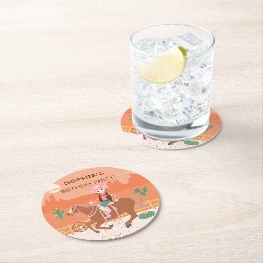 Cowgirl en paard Verjaardagsfeest Ronde Kartonnen Onderzetter (Insitu)