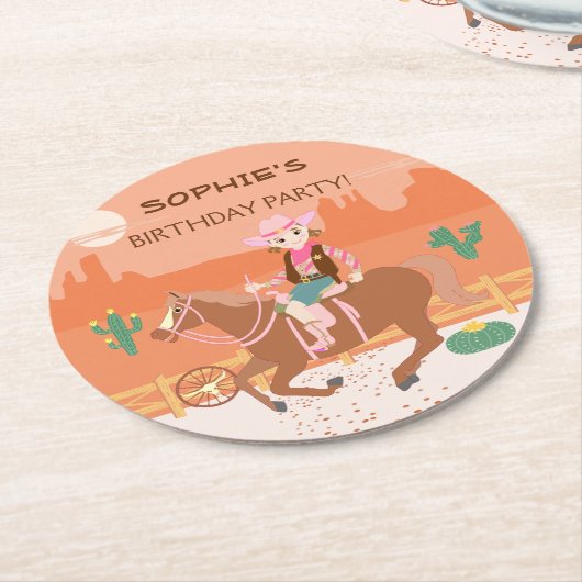  Cowgirl en paard Verjaardagsfeest Ronde Kartonnen Onderzetter (Gebogen)
