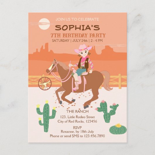  Cowgirl en paard Verjaardagsfeest Uitnodiging Briefkaart (Voorkant)