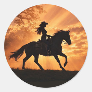 Cowgirl en Paard Zonsondergang Country Western Ronde Sticker