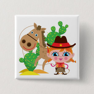 Cowgirl en paarden vierkante button 5,1 cm