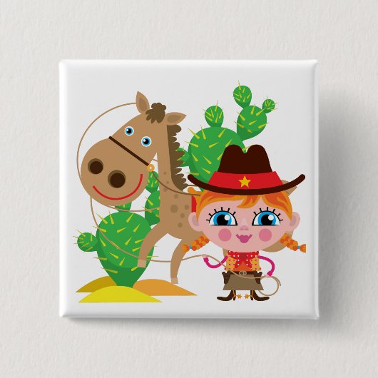 Cowgirl en paarden vierkante button 5,1 cm (Voorkant)
