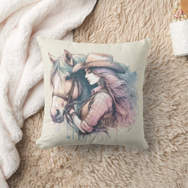 Cowgirl en paardenpastel Waterverf Kussen (Deken)