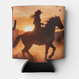 Cowgirl en paardrijden in zonsondergang blikjeskoeler