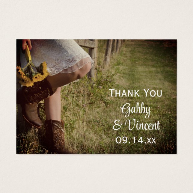 Cowgirl en Zonnebloemen Western Bruiloft Favor Lab Visitekaartjes (Voorkant)