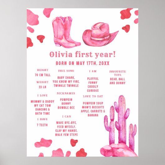 Cowgirl First Birthday Milestone Birthday Poster (Voorkant)