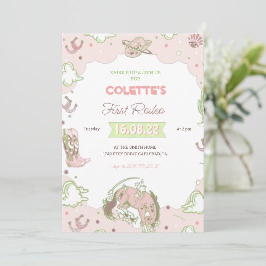 Cowgirl First Rodeo Birthday Uitnodiging (Staand voorkant)