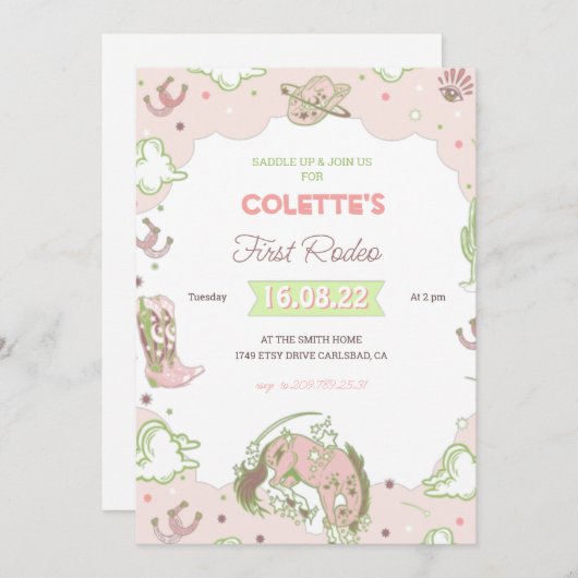 Cowgirl First Rodeo Birthday Uitnodiging (Voorkant / Achterkant)