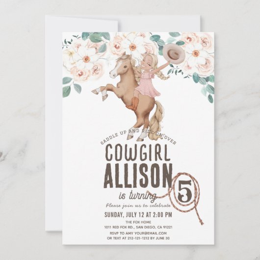 Cowgirl Floral Rodeo Westerne Pony Ride Birthday Kaart (Voorkant)