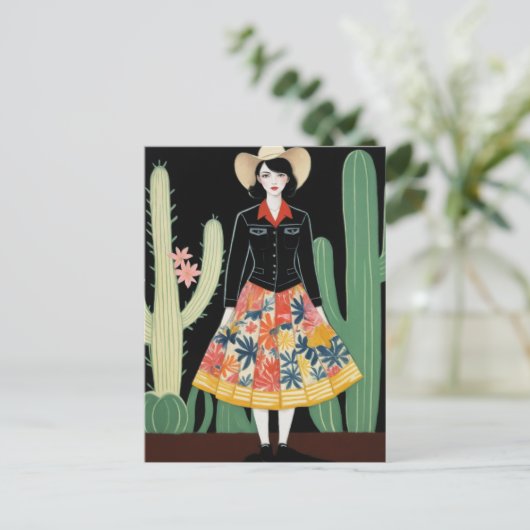 Cowgirl Floral Rok en Cactus Briefkaart (Staand voorkant)