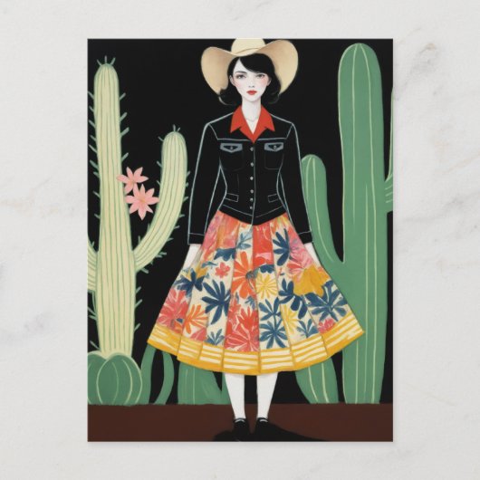 Cowgirl Floral Rok en Cactus Briefkaart (Voorkant)