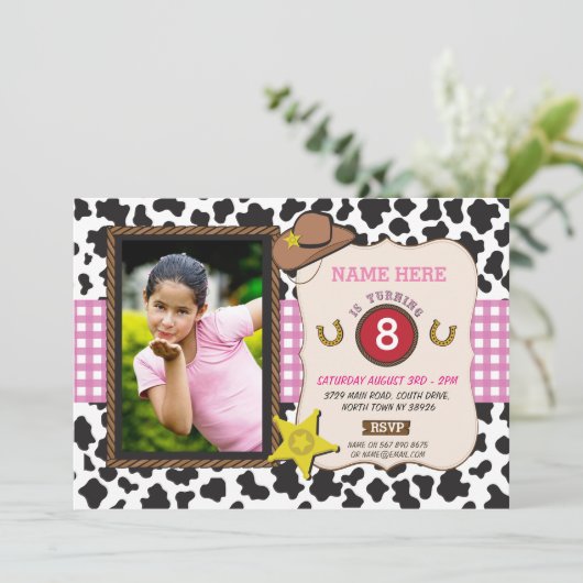 Cowgirl Foto Verjaardagsfeest Koe Meisje Roze Uitn Kaart (Staand voorkant)