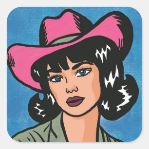  Cowgirl Hand getekende Pop Art Vierkante Sticker