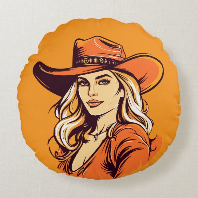 Cowgirl Hat Woman Illustration Rond Kussen (Voorkant)