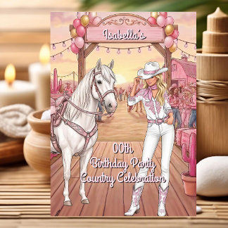Cowgirl Horse Pink White Ranch Birthday Party Kaart