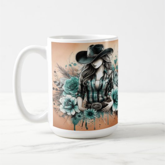 Cowgirl Illustratie en Bloemen Achtergrond Kunst Koffiemok (Links)