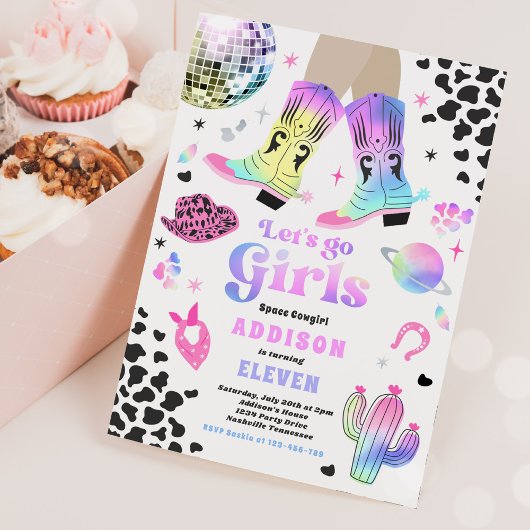 Cowgirl in de kosmische ruimte Disco Rodeo Birthda Kaart