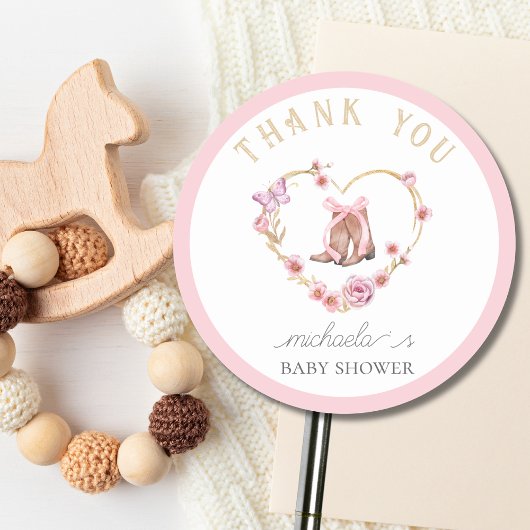 Cowgirl is op weg naar het Baby shower Thank You Ronde Sticker