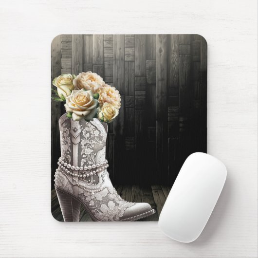 Cowgirl Kant & Parels Laarzen Wit Bloemen Rustiek Muismat (Met muis)