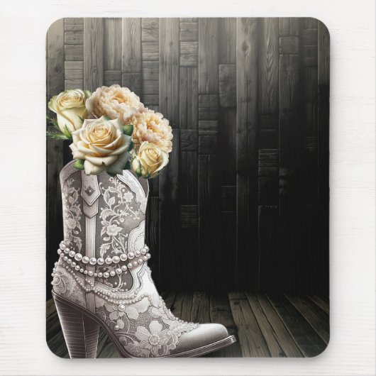 Cowgirl Kant & Parels Laarzen Wit Bloemen Rustiek Muismat (Voorkant)