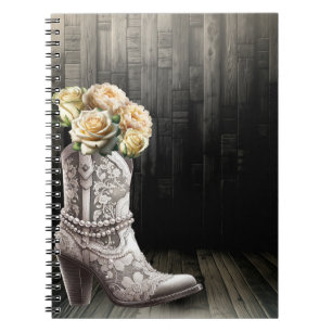 Cowgirl Kant & Parels Laarzen Wit Bloemen Rustiek Notitieboek