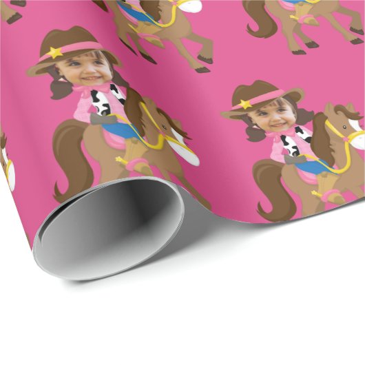 Cowgirl Kids Face Photo Cute Pink Custom Cadeaupapier (Rol Hoek)