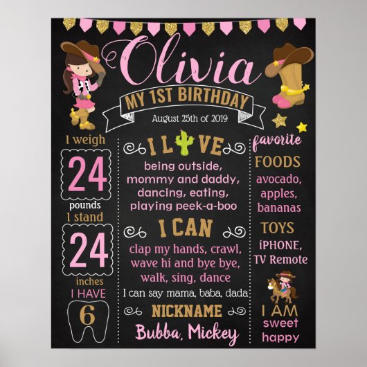 CowGirl Koe Girl Cowboy Wild West Birthday-teken Poster (Voorkant)