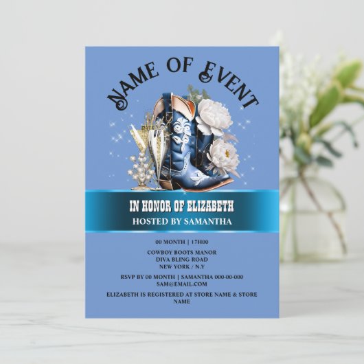 Cowgirl laarzen bling blauw wit pioen bloem chic kaart (Staand voorkant)