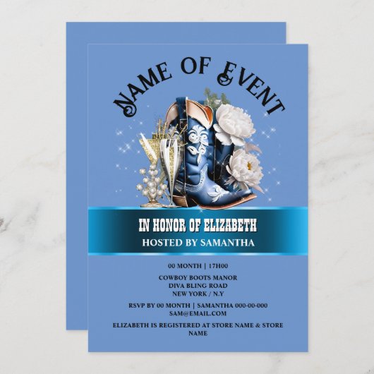 Cowgirl laarzen bling blauw wit pioen bloem chic kaart (Voorkant / Achterkant)