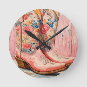 Cowgirl Laarzen Bloemen Roze Vintage Western Ronde Klok