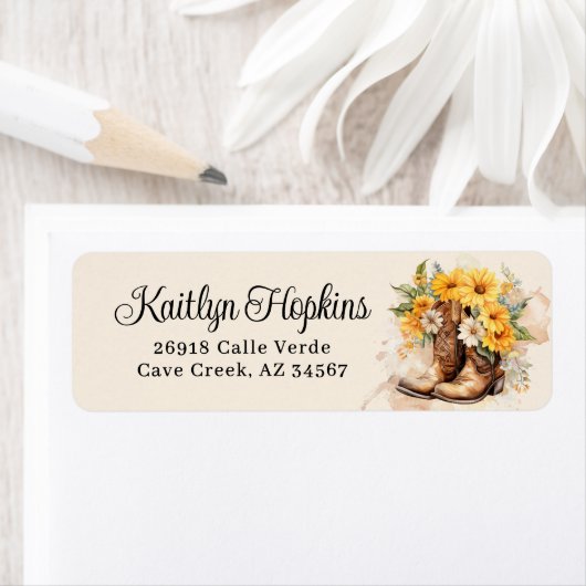 Cowgirl laarzen met bloemen retour adreslabel etiket (Insitu)