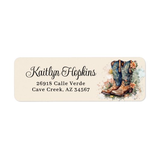 Cowgirl laarzen met bloemen retour adreslabels etiket (Voorkant)