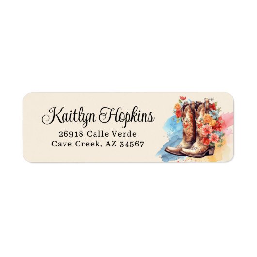 Cowgirl laarzen met bloemen retour adreslabels etiket (Voorkant)