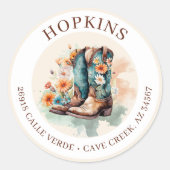 Cowgirl laarzen met bloemen retour adreslabels ronde sticker (Voorkant)