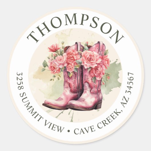 Cowgirl laarzen met bloemen retour adreslabels ronde sticker (Voorkant)
