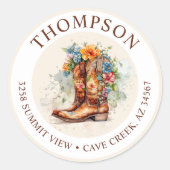 Cowgirl laarzen met bloemen retour adreslabels ronde sticker (Voorkant)