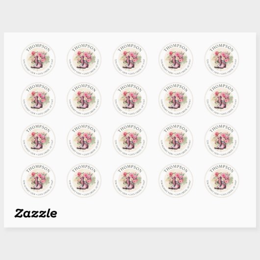 Cowgirl laarzen met bloemen retour adreslabels ronde sticker (Vel)