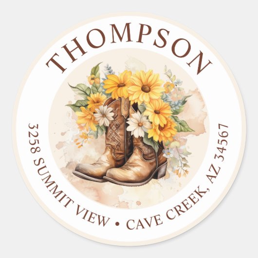 Cowgirl laarzen met bloemen retour adreslabels ronde sticker (Voorkant)