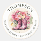 Cowgirl laarzen met bloemen retour adreslabels ronde sticker (Voorkant)