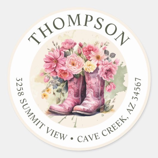 Cowgirl laarzen met bloemen retour adreslabels ronde sticker (Voorkant)