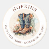 Cowgirl laarzen met bloemen retour adreslabels ronde sticker (Voorkant)