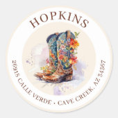 Cowgirl laarzen met bloemen retour adreslabels ronde sticker (Voorkant)