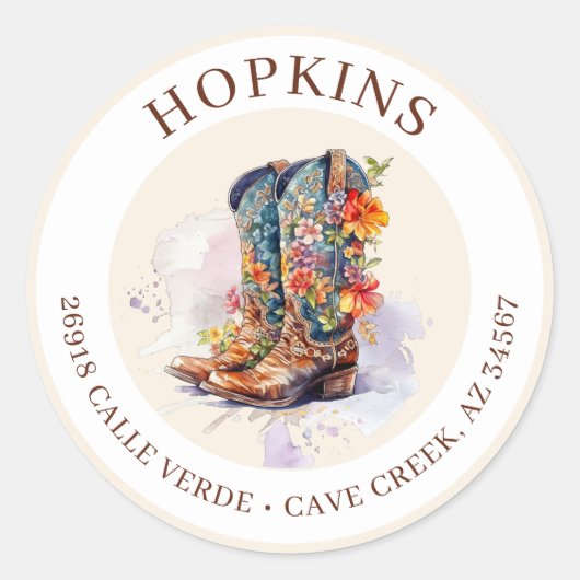 Cowgirl laarzen met bloemen retour adreslabels ronde sticker (Voorkant)