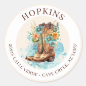 Cowgirl laarzen met bloemen retour adreslabels ronde sticker (Voorkant)