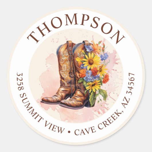 Cowgirl laarzen met bloemen retour adreslabels ronde sticker (Voorkant)